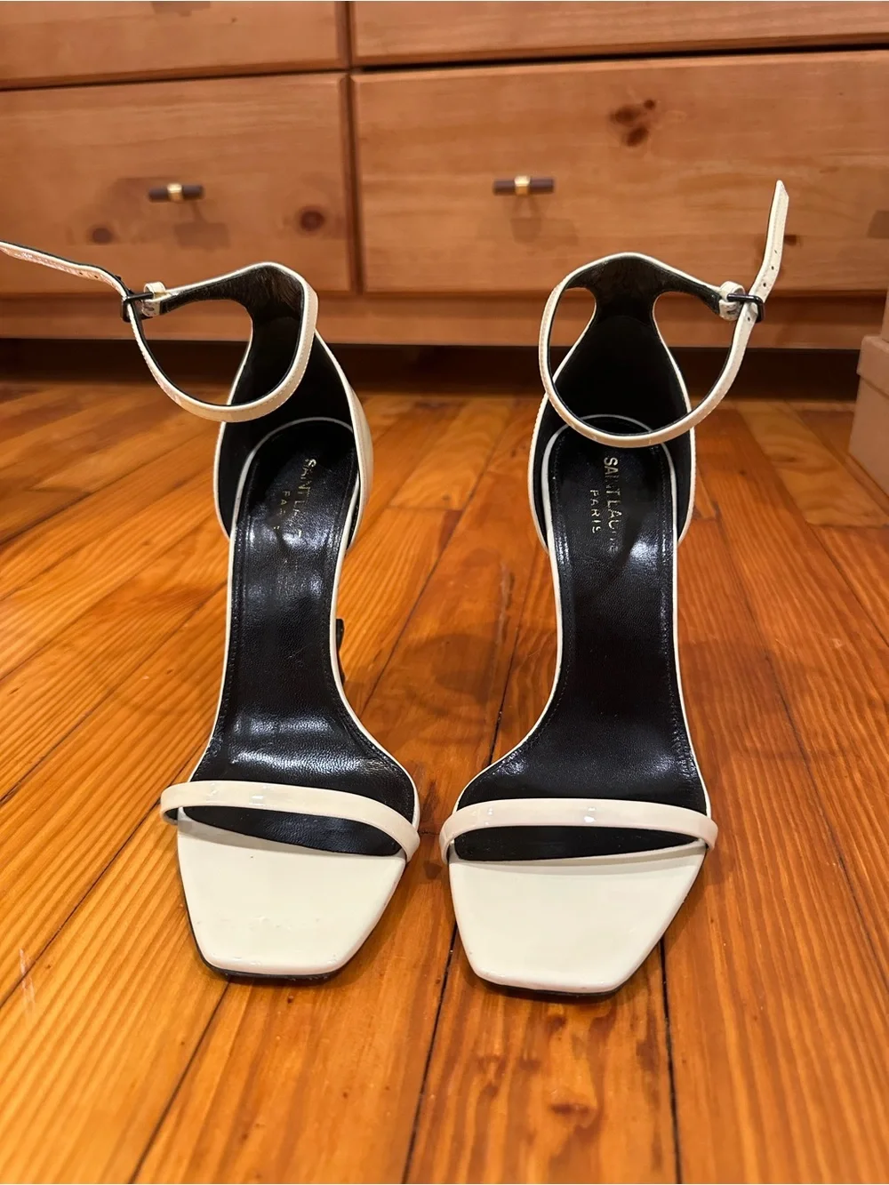 Saint Laurent Ivory Patent Leather Opyum Sandals with Logo Heel